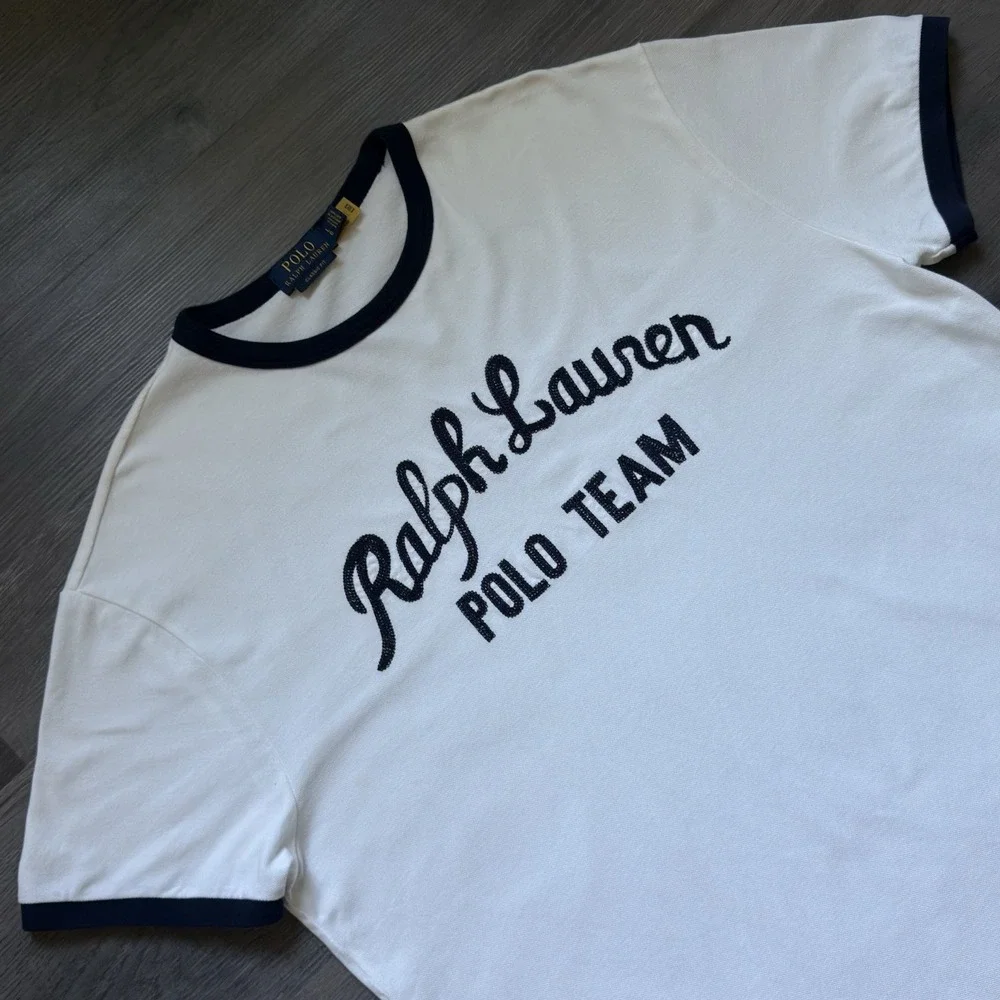 Polo Ralph Lauren Polo Team Ringer T-shirt Mens L White Classic Fit Jersey Mesh
